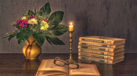 Wallpaper Books Candle Flowers Glasses 2880x1800 Hd Picture Image