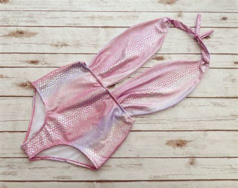 Holographic Swimsuit High Waisted One Piece Mermaid In Pink And Etsy Norway