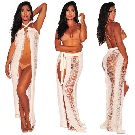 Long Knitting Crochet Beach Cover Up Robe Sexy Hollow Tassel Lace Up Swimsuit Cover Up Women
