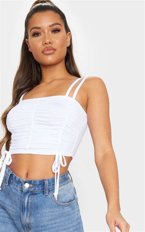 White Ruched Detail Strappy Crop Top Tops Prettylittlething Aus