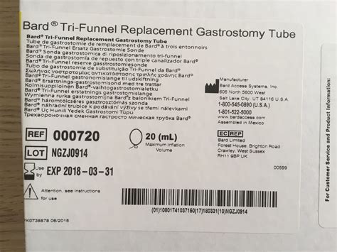 New Bard Tri Funnel Replacement Gastrostomy Tube 20ml 20f Box2 X