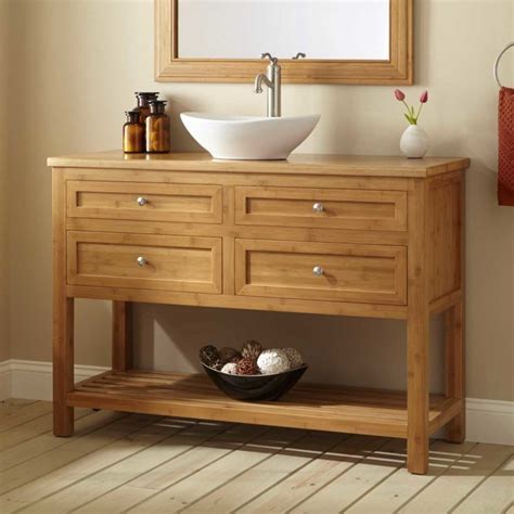Unpolished Oak Wood Freestanding Bathroom Vanity With Open Shelf And 4