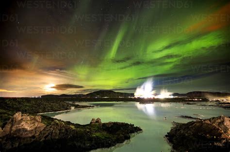 Aurora Borealis Over Blue Lagoon Iceland Stock Photo