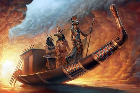 Gods Of Ancient Egypt On The Solar Barge Egyptian Art Handmade Oil