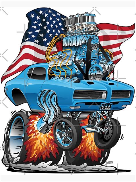 Patriotic Sixties American Muscle Car With Usa Flag Cartoon