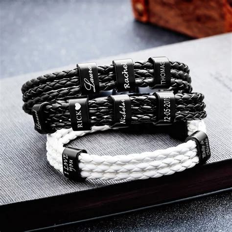 Personalized Mens Leather Bracelet Custom Beads Braid Name Etsy