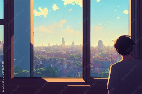 Anime Man Looking At The City From The Window Manga Cartoon Drawing Of