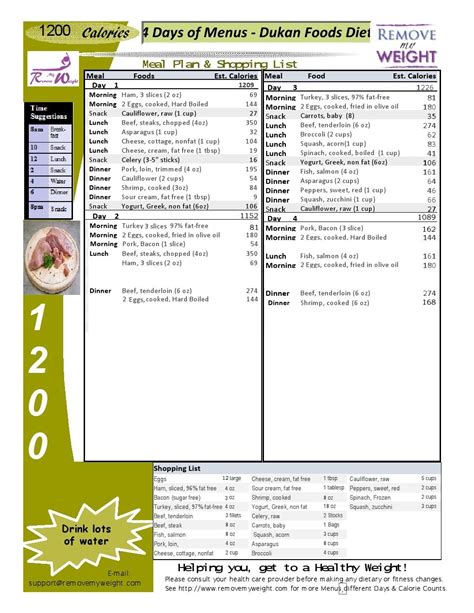 1200 Calorie Meal Plan Printable 1200 Calorie Dukan Diet For Weight