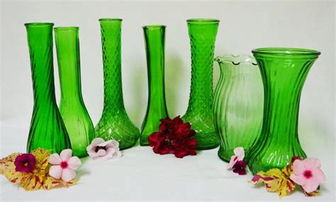 vintage collection of 7 emerald green glass vases hoosier and etsy green glass vase green