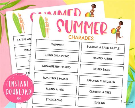 Summer Charades Game Printable Summertime Games Fun Summer Party Games