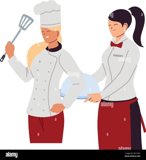 Women Chef And Waitress With Trays And Utensils Vector Illustration