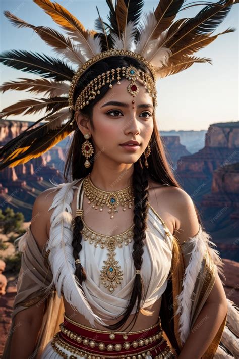 伝統的な部族衣装を着た美しいセクシーなネイティブ アメリカンの女性 プレミアム写真