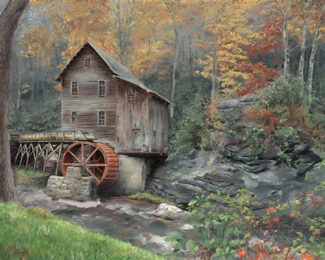 Autumn Glade Creek Grist Mill Painting By James Turner