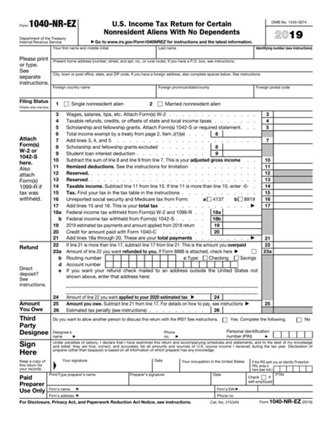 Irs Form 1040 Nr Ez 2019 Fill Out Sign Online And Download