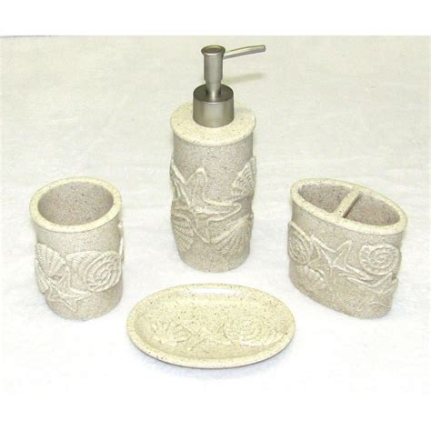 4 Piece Bathroom Ceramic Ocean Accessory Set Beige Sea Shells