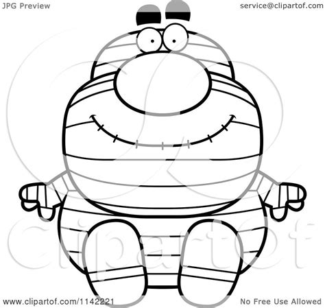Cartoon Clipart Of A Black And White Sitting Pudgy Mummy Vector