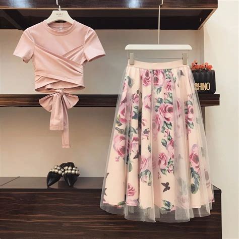 Summer 2 Pieces Bow Cotton Tshirt Tops Floral Print Lace Skirts Set Women Two Piece Set On