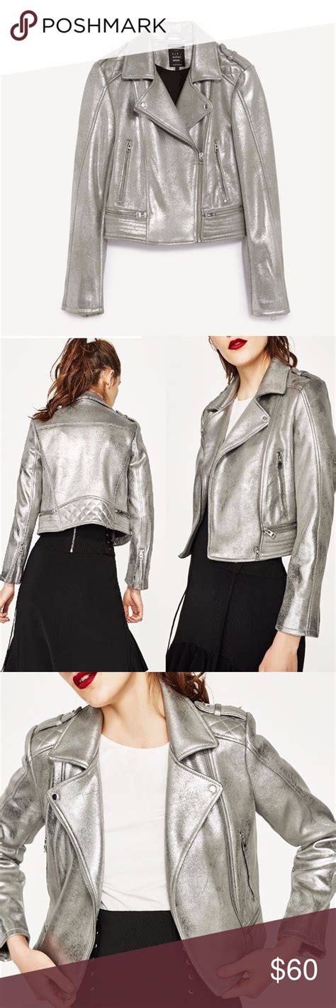Nwt Zara Silver Metallic Faux Leather Biker Jacket Nwt Faux Leather