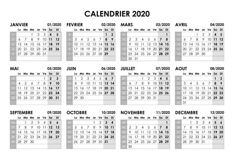 Calendrier 2020 Imprimable 2020 Calendrier