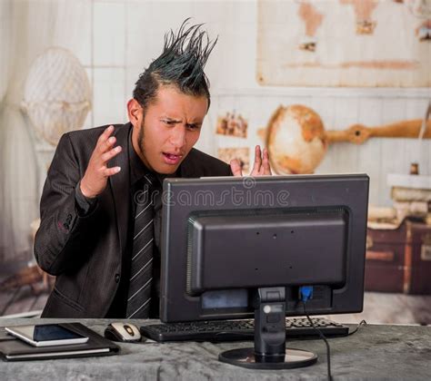 Close Up Of Stressful Office Punk Worker Wearing A Suit With A Crest