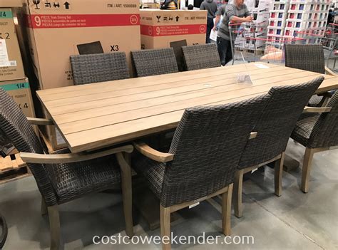 Great quality, elegant design patio set, made of solid teak wood. 9-piece Teak Dining Set | Costco Weekender