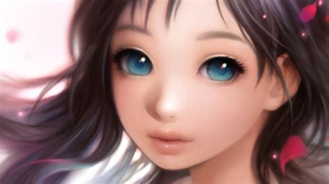 Blue Eyes Lips Long Hair Flower Petals Soft Shading Anime Girls Faces