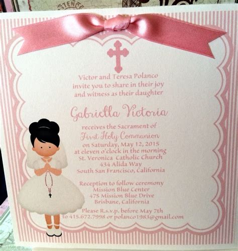 Printed First Communion Girl Pink Invitation With Satin Ribbon