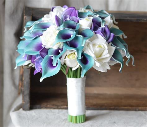 Teal Purple Bridal Bouquet Real Touch Flowers Calla Lily Ivory Etsy