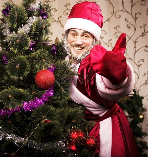 Portrait Of Funny Santa Claus At Home With Christmass Tree Stock Image