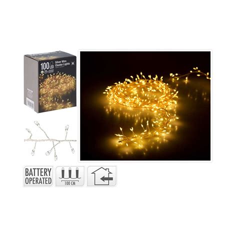 Silver Wire Cluster Golden Lights 100 Led Battery Operatedh Daiso