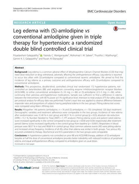 Pdf Leg Edema With S Amlodipine Vs Conventional Amlodipine Given In