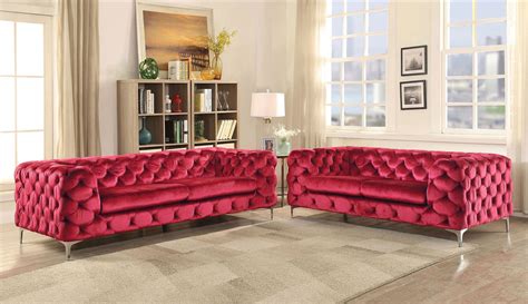Luxury Red Velvet Tufted Sofa Vintage Transitional Adam 52795 Acme