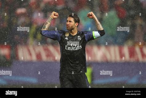 Real Madrids Sergio Ramos Celebrates In The Rain After The Game Stock