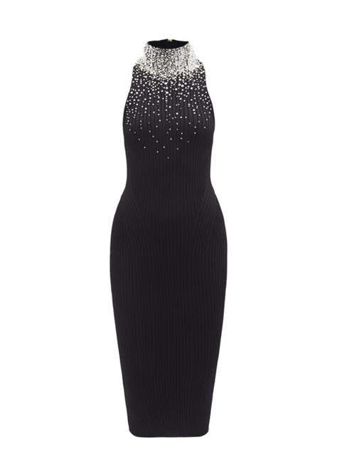 Balmain Faux Pearl Embellished Ribbed Jersey Midi Dress Black Coshio Online Shop