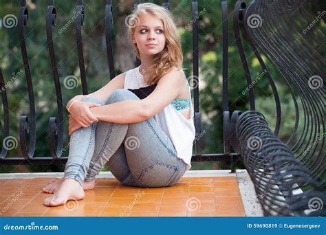 Beautiful Blond Caucasian Teenage Girl On Balcony Stock Image Image