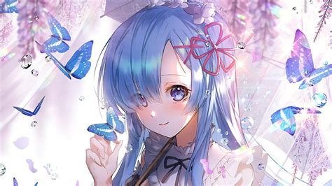 Anime Girl Butterfly Rem Maid Long Hair Rezero 4k 42709