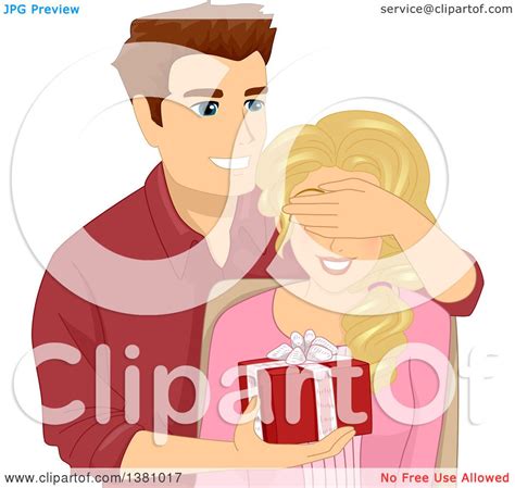 Clipart Of A Cartoon Caucasian Husband Covering His Wifes Eyes While