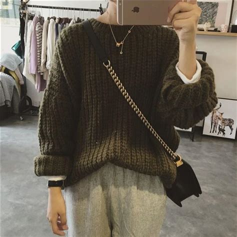 Itgirl Shop Aesthetic Clothing Thick Knit Oversized Beige Green