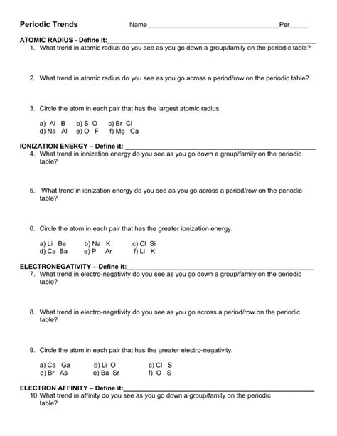 View these properties on the whole periodic table to see how they vary across periods and down. Exploring Trends Of The Periodic Table Worksheet Answer Key | Awesome Home