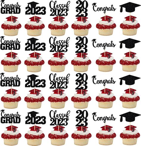 Buy Graduation Cupcake Toppers 2023 Black Glitter Congrats Grad