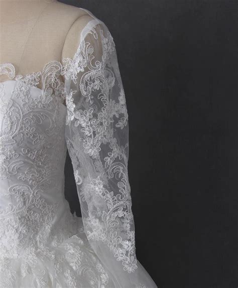 Long Sleeve Lace Off Shoulder Tulle Wedding Dresses Custom Made Long