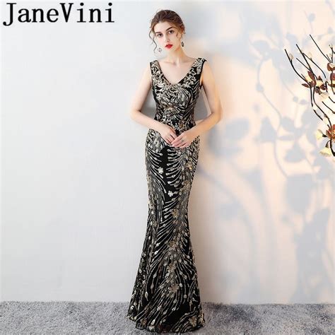 Janevini 2018 Sparkly Sequined Black Long Bridesmaid Dresses Mermaid V