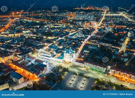 Grodno Belarus Night Aerial View Of Hrodna Cityscape Skyline Popular