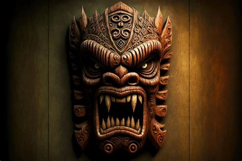 Premium Photo Ancient Wooden Tiki Mask With Teeth Of Exotic Tribes
