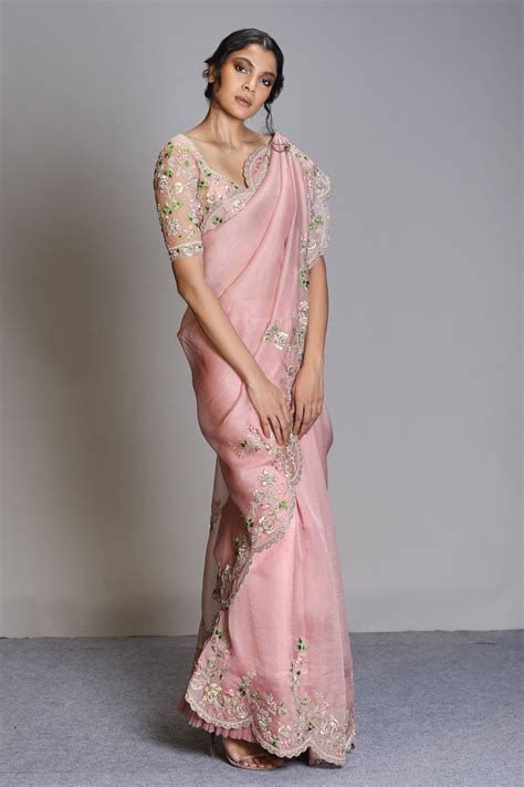 buy anushree reddy pink organza saree with embroidered blouse online aza fashions