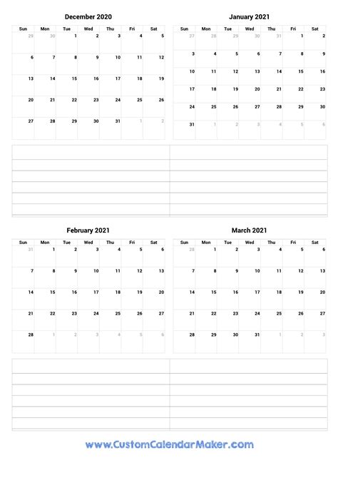 December 2020 To March 2021 Printable Calendar