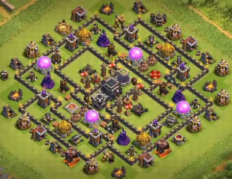 We have a strong center of the base with the town hall and dark elixir storage both defended by a lot of defenses: 10+ Best TH9 Farming Base 2019 | COCWIKI