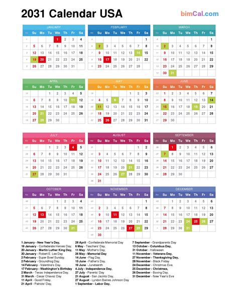 2031 Calendar Usa Bimcal