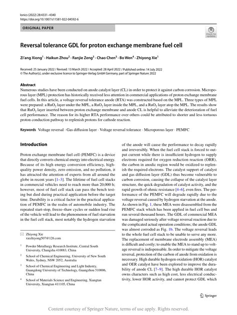 Reversal Tolerance Gdl For Proton Exchange Membrane Fuel Cell Request Pdf