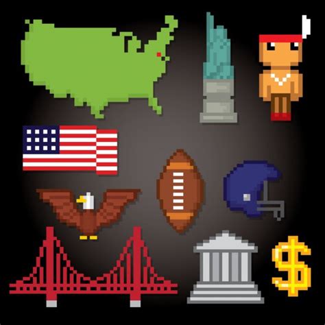 Usa Culture Symbols Icons Set Pixel Art Old School Computer Graphic